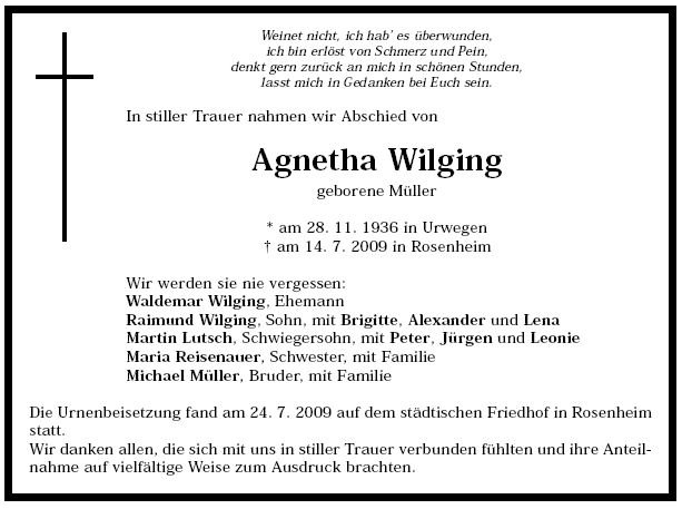 Mueller Agnetha 1936-2009 Todesanzeige